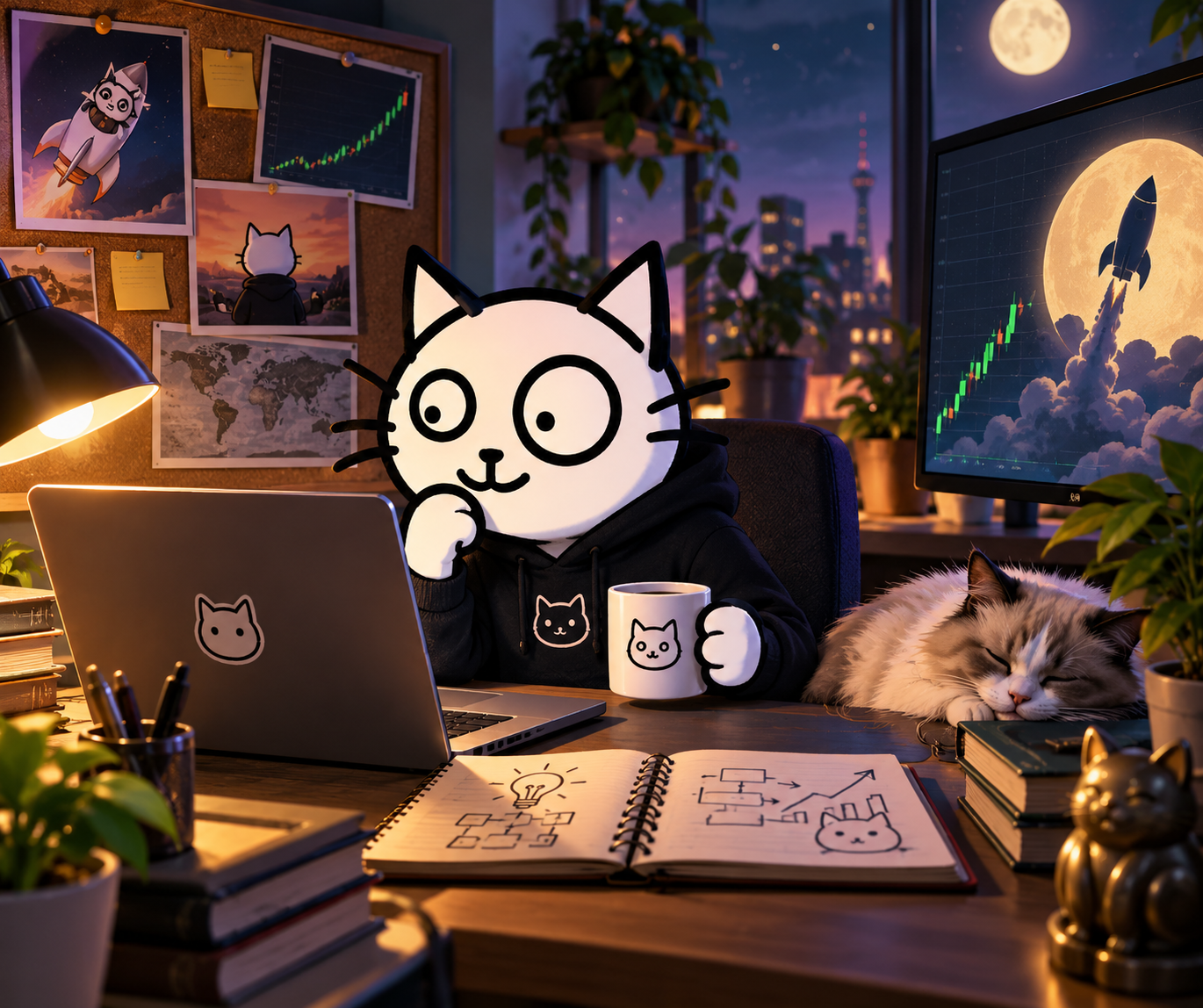 Genius Cat working at a cozy desk at night with a sleeping cat and a moonlit city beyond the window.