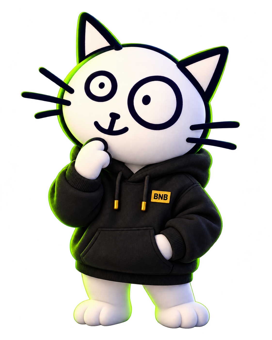 The original wide-eyed white Genius Cat rendered in cinematic 3D, wearing a black hoodie with a gold BNB patch.
